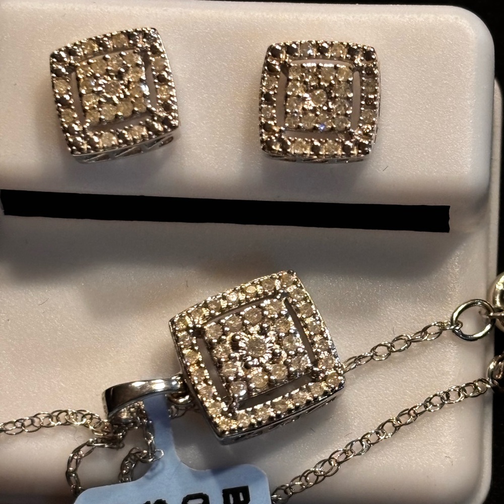 Sterling Silver Square Halo Pendant & Stud Earrings - Natural Diamond